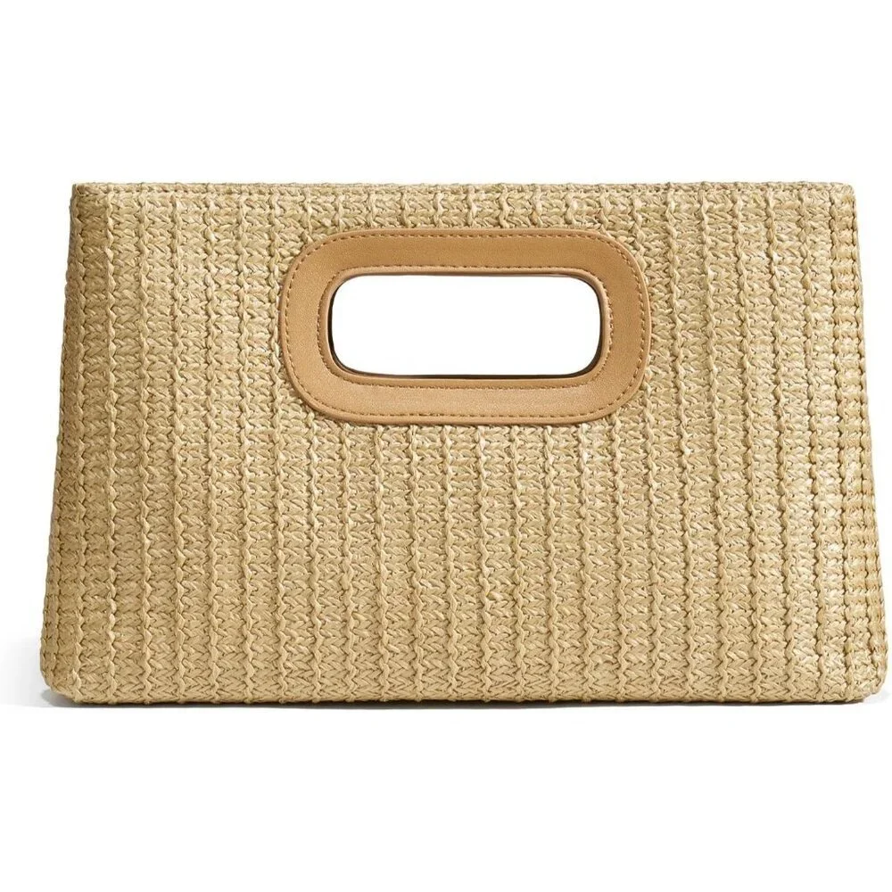 Tan Straw Clutch Purse for Women with Top Handle Summer Boho Beach Bag - Picture 1 of 6